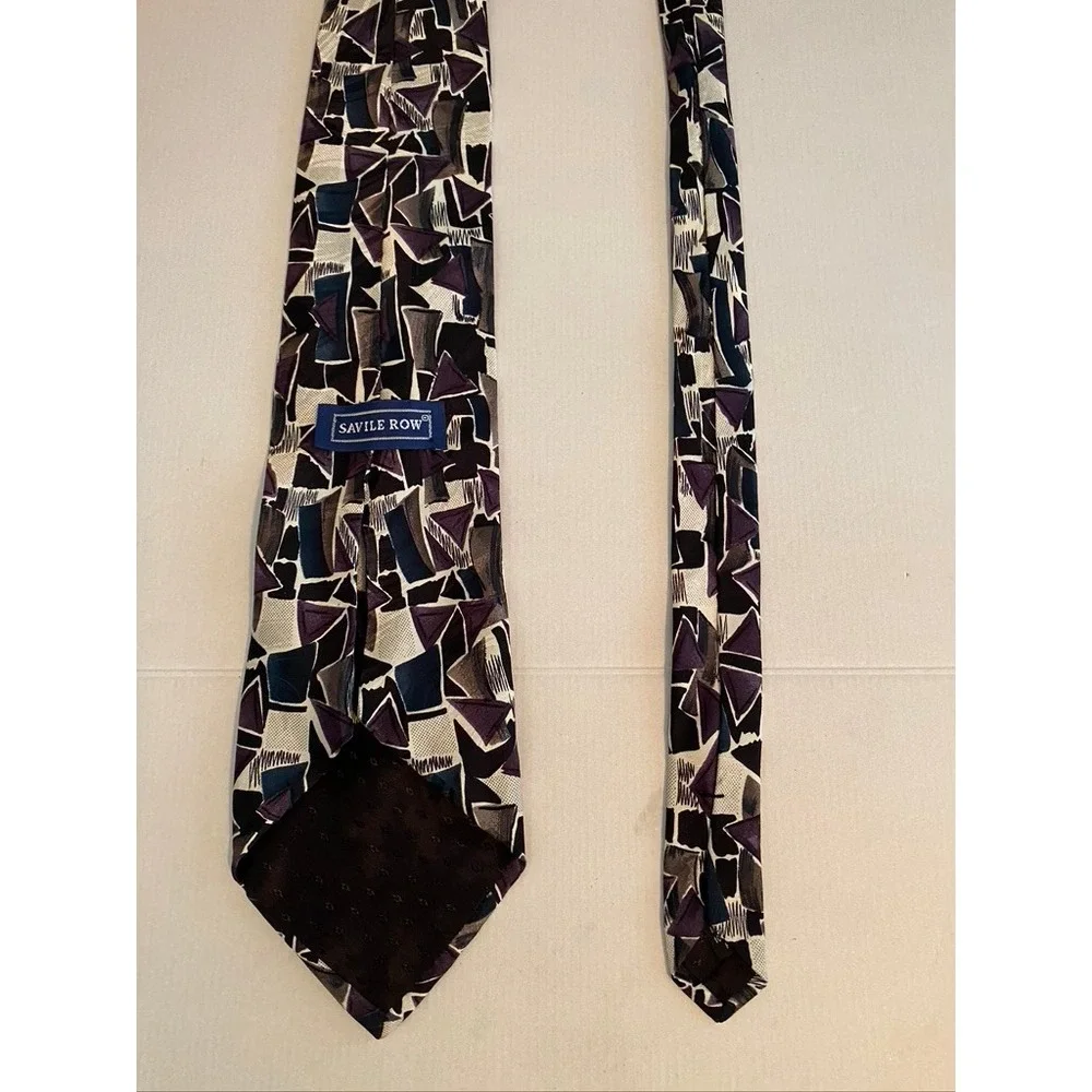 Savile Row Mens Geometric Abstract Silk Tie Purple Grey Black 90s Retro Vintage